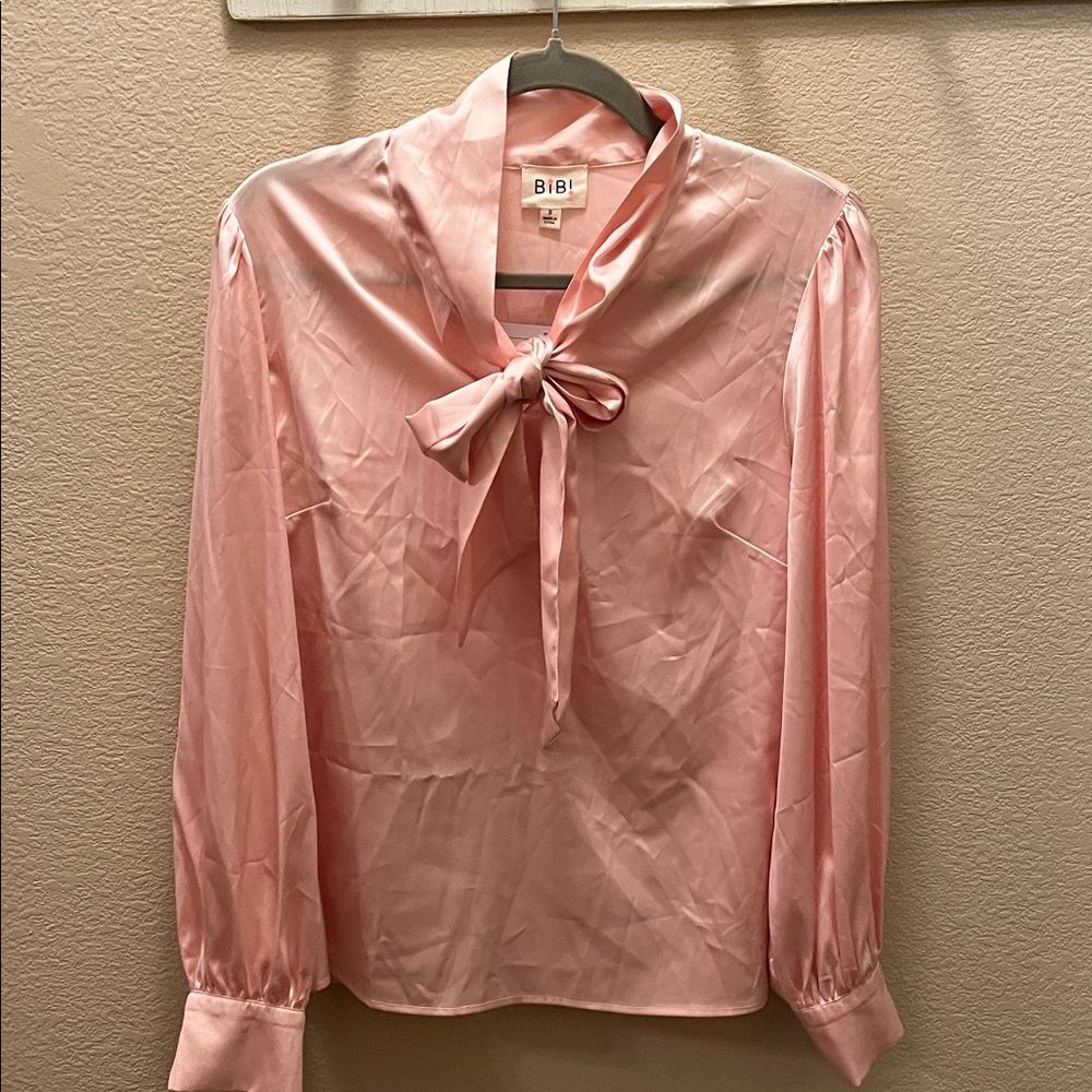 BiBi Women's Blush Satin Blouse with Bow